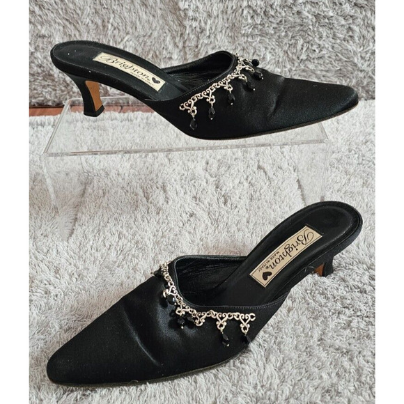 BRIGHTON ZIZI‎ US 6M Black Satin Jeweled Pointy Toe Medium Heel Mule Shoe ITALY - Picture 1 of 6